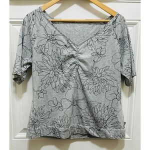 T by Talbots Women's Gray Floral Print V-Neck Ruched‎ Gathered Sleeve Top Size L